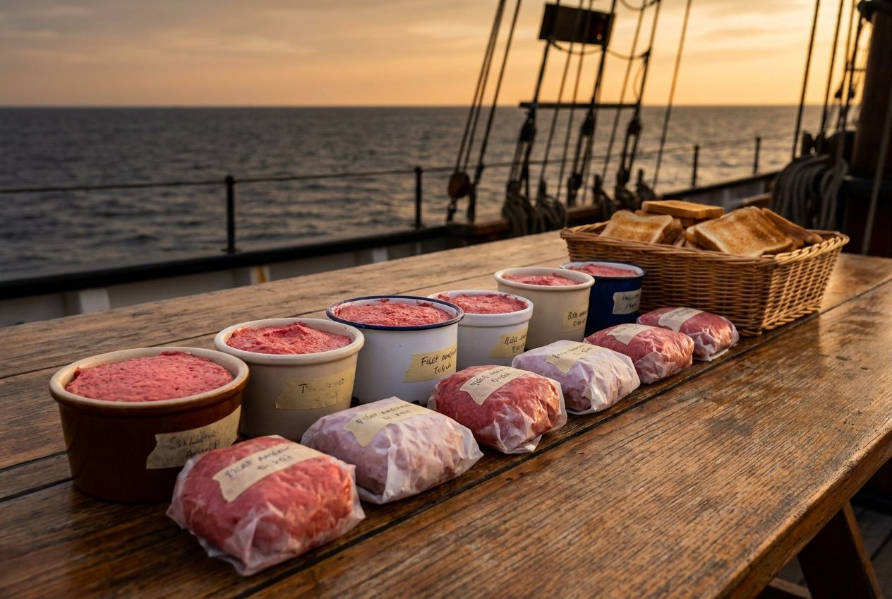 Tubs of filet with name labels on a table on deck.