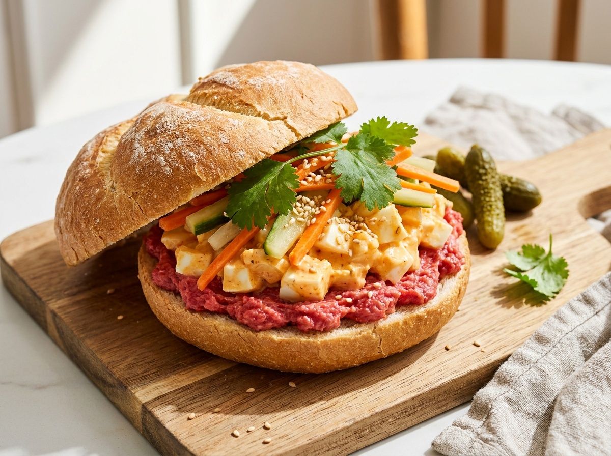 Kaiser roll with sriracha egg salad