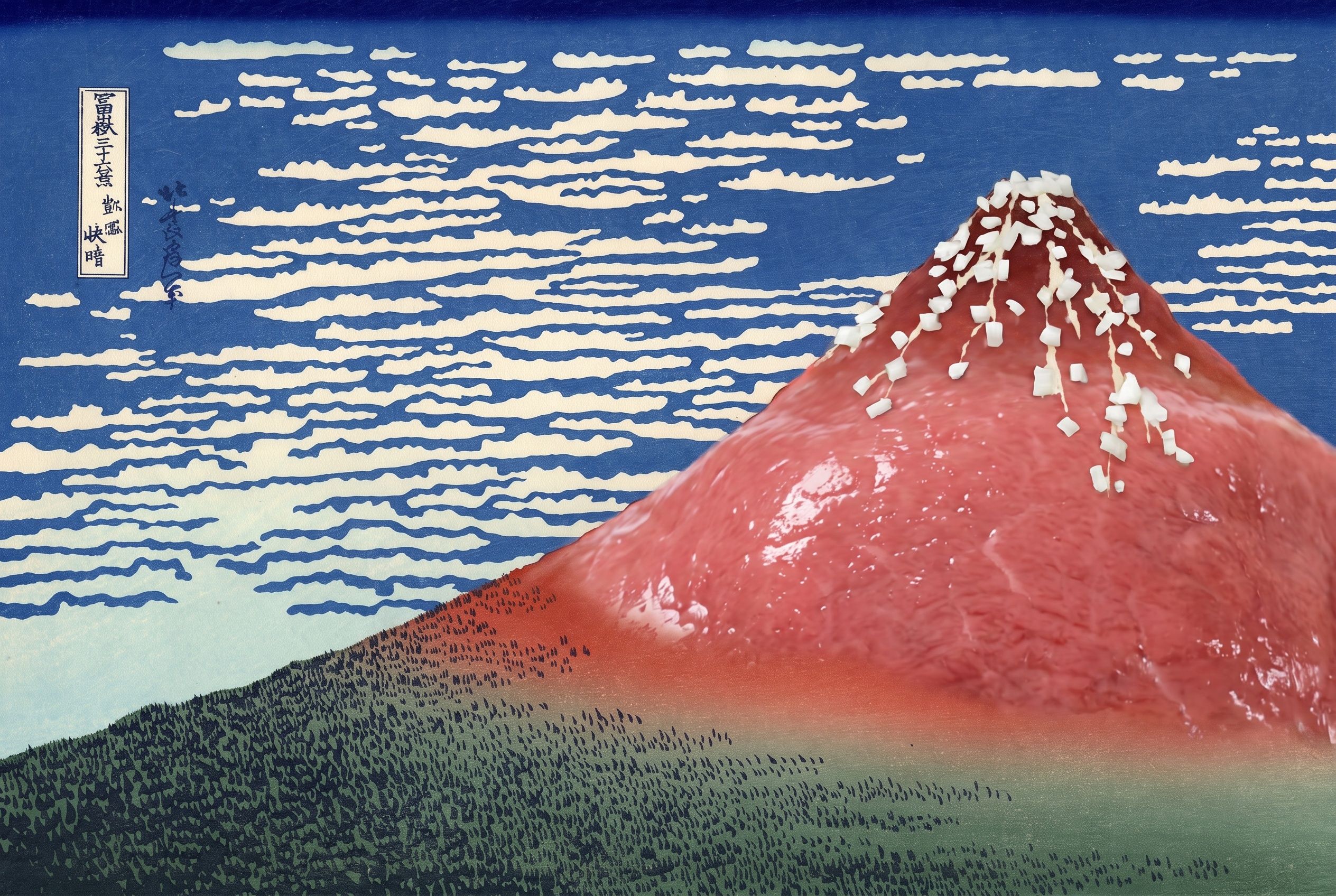 Red Fuji, minced, after Katsushika Hokusai, c. 1831