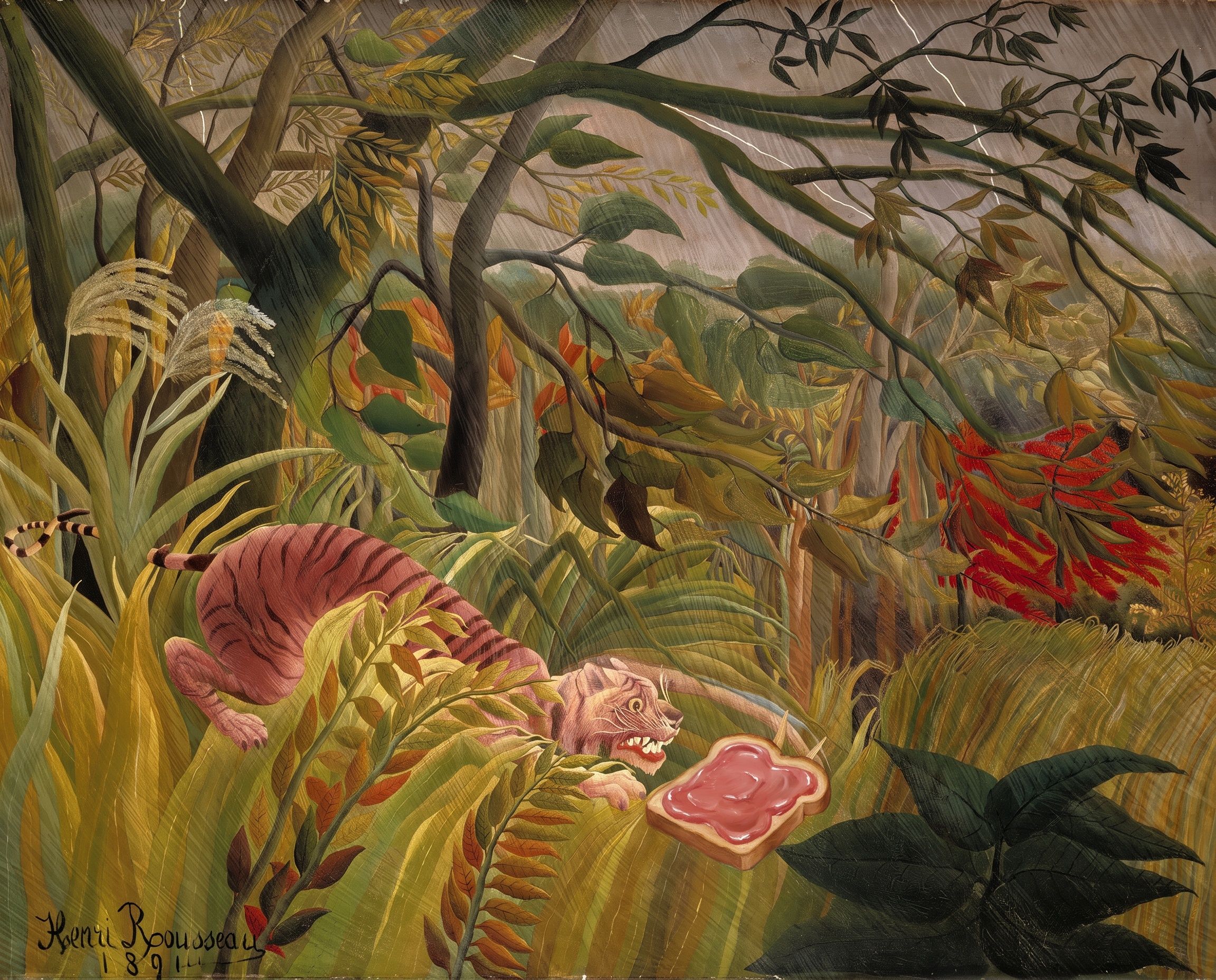 Tiger in a Storm, smells filet, after Henri Rousseau, 1891